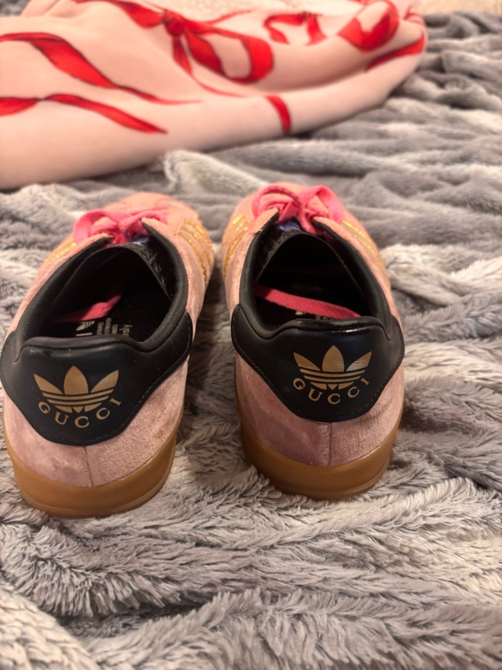 adidas gucci Pink Suede Sneakers with Gold Stripes ! so cute only worn once. - Picture 3 of 11